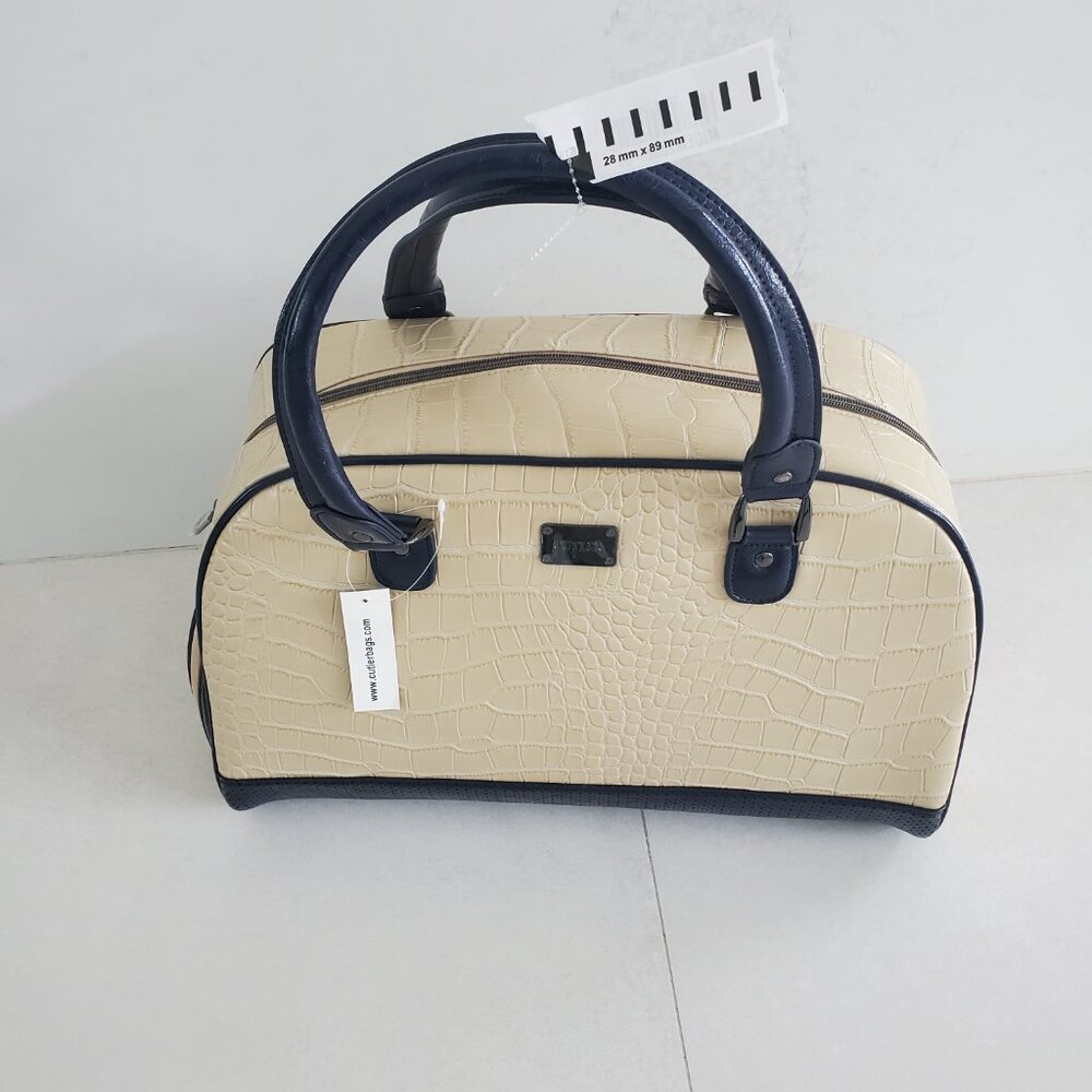 Cutler Cream & Navy Croc Embossed Travel  Bowling Bag Duffle Style Satchel Bag - Picture 2 of 15